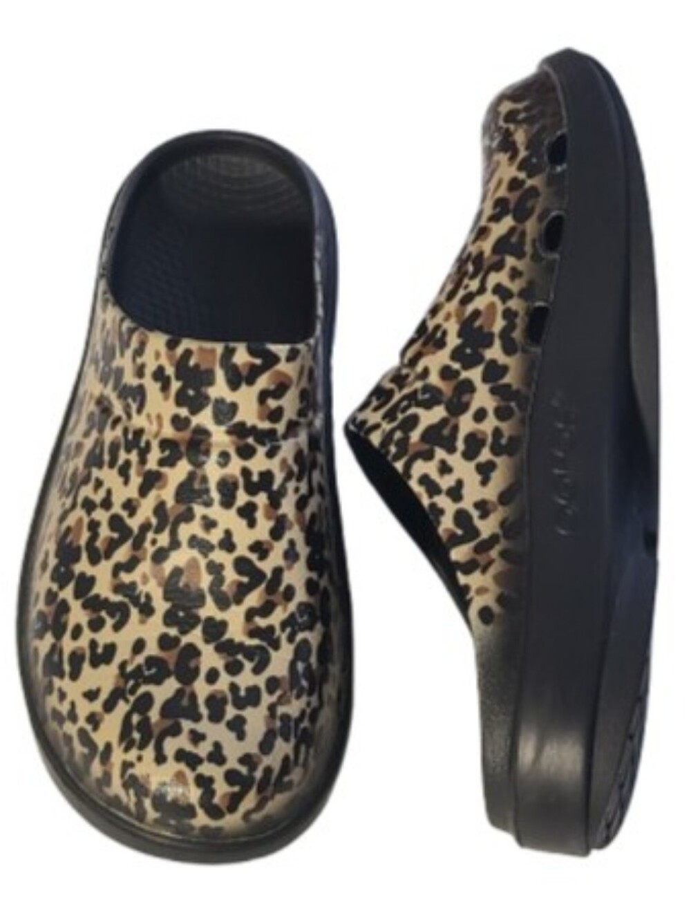 OOFOS Leopard Print Platform Clogs in Black and Beige Women's Sz 10